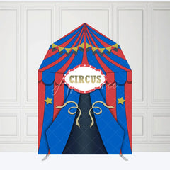Aperturee - Aperturee Blue Red Circus Barn Door Arch Birthday Backdrop