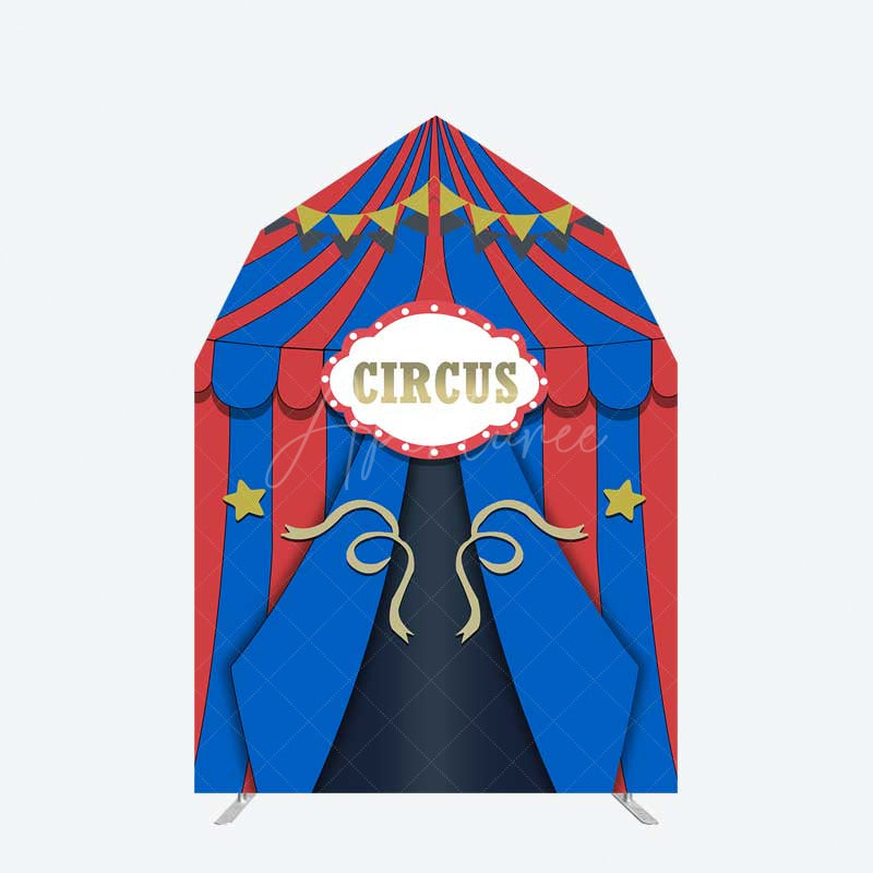 Aperturee Aperturee Blue Red Circus Barn Door Arch Birthday Backdrop