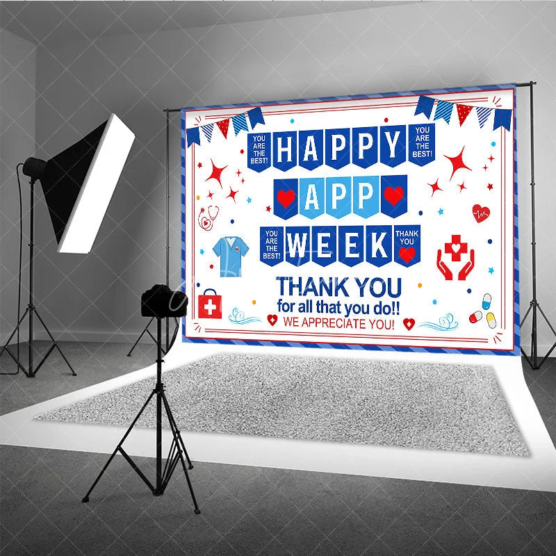 Aperturee - Aperturee Blue Red White Healthcare Appreciation Week Holiday Backdrop featuring Medical Symbols and Thank You Messages