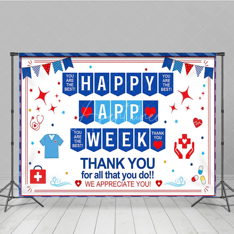Aperturee - Aperturee Blue Red White Healthcare Appreciation Week Holiday Backdrop featuring Medical Symbols and Thank You Messages