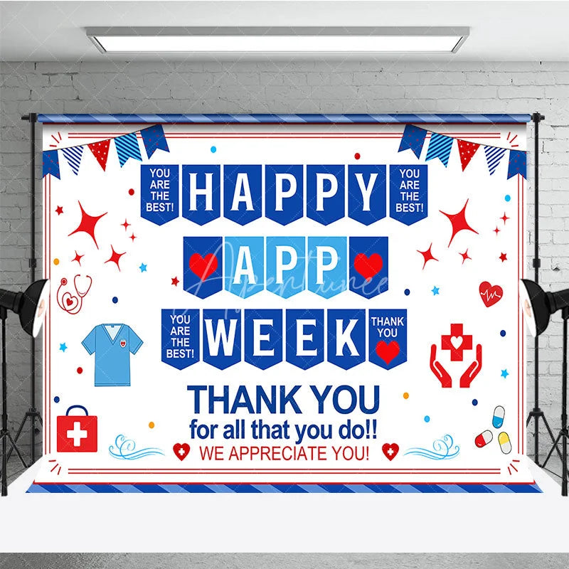 Aperturee - Aperturee Blue Red White Healthcare Appreciation Week Holiday Backdrop featuring Medical Symbols and Thank You Messages