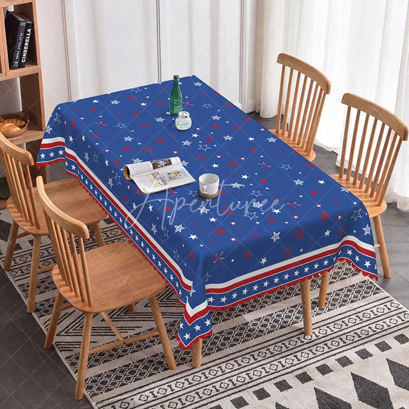 Aperturee - Aperturee Blue Red White Stars and Fireworks Rectangle Tablecloth Festive Patriotic 4th of July Celebration Decor