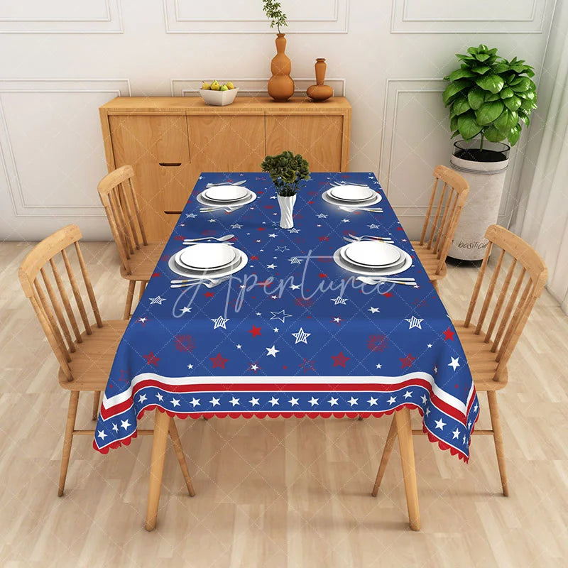Aperturee - Aperturee Blue Red White Stars and Fireworks Rectangle Tablecloth Festive Patriotic 4th of July Celebration Decor