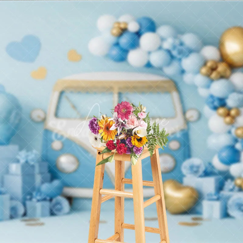 Aperturee - Aperturee Blue Retro Bus Valentine Day Backdrop Vintage Van Gold Balloons Gift Box Background Boy Party Photography Prop