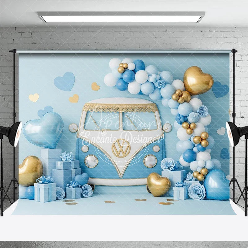 Aperturee - Aperturee Blue Retro Bus Valentine Day Backdrop Vintage Van Gold Balloons Gift Box Background Boy Party Photography Prop