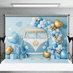Aperturee - Aperturee Blue Retro Bus Valentine Day Backdrop Vintage Van Gold Balloons Gift Box Background Boy Party Photography Prop