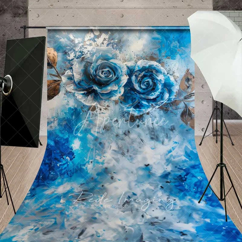 Aperturee - Aperturee Blue Rose Fine Art Sweep Photo Backdrop Abstract Oil Painting Floral Background Silver Gold Leaf Floor Prop