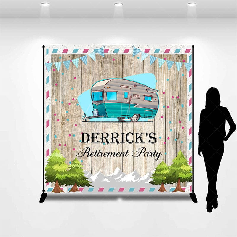 Aperturee - Aperturee Blue RV Trees Wooden Custom Name Retirment Backdrop