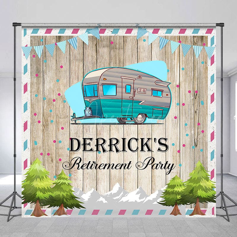Aperturee - Aperturee Blue RV Trees Wooden Custom Name Retirment Backdrop