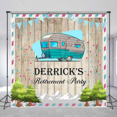 Aperturee - Aperturee Blue RV Trees Wooden Custom Name Retirment Backdrop