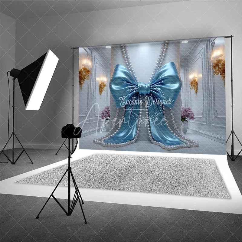Aperturee - Aperturee Blue Satin Bow and Pearl Strings Photography Backdrop Elegant White Wall for Baby Shower Birthday Party