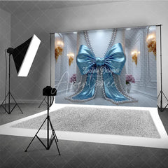 Aperturee - Aperturee Blue Satin Bow and Pearl Strings Photography Backdrop Elegant White Wall for Baby Shower Birthday Party
