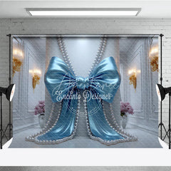 Aperturee - Aperturee Blue Satin Bow and Pearl Strings Photography Backdrop Elegant White Wall for Baby Shower Birthday Party