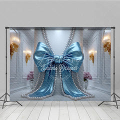 Aperturee - Aperturee Blue Satin Bow and Pearl Strings Photography Backdrop Elegant White Wall for Baby Shower Birthday Party