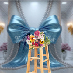 Aperturee - Aperturee Blue Satin Bow and Pearl Strings Photography Backdrop Elegant White Wall for Baby Shower Birthday Party