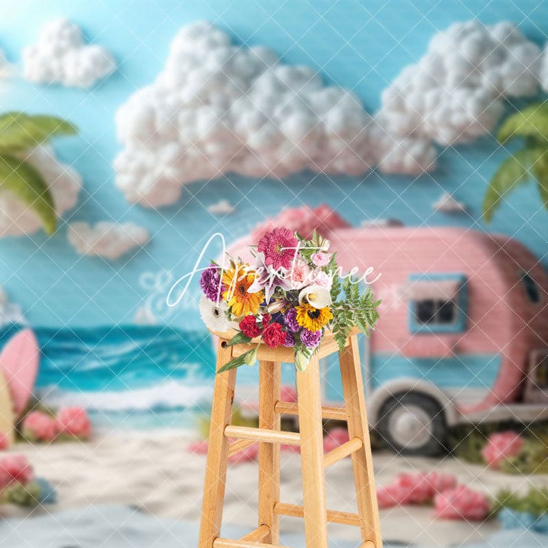 Aperturee - Aperturee Blue Sea Beach Truck Cartoon Summer Backdrop