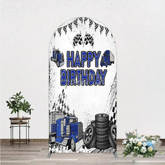Aperturee - Aperturee Blue Semi Truck Happy Birthday Arch Backdrop Checkered Flag Transportation