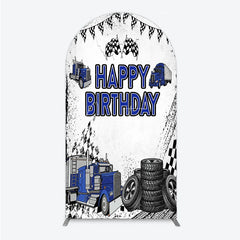 Aperturee - Aperturee Blue Semi Truck Happy Birthday Arch Backdrop Checkered Flag Transportation