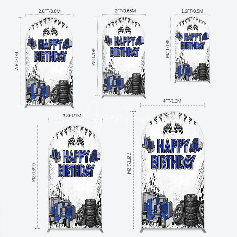 Aperturee - Aperturee Blue Semi Truck Happy Birthday Arch Backdrop Checkered Flag Transportation