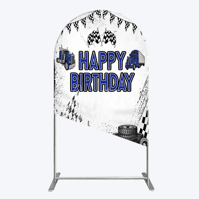 Aperturee - Aperturee Blue Semi Truck Happy Birthday Arch Backdrop Checkered Flag Transportation