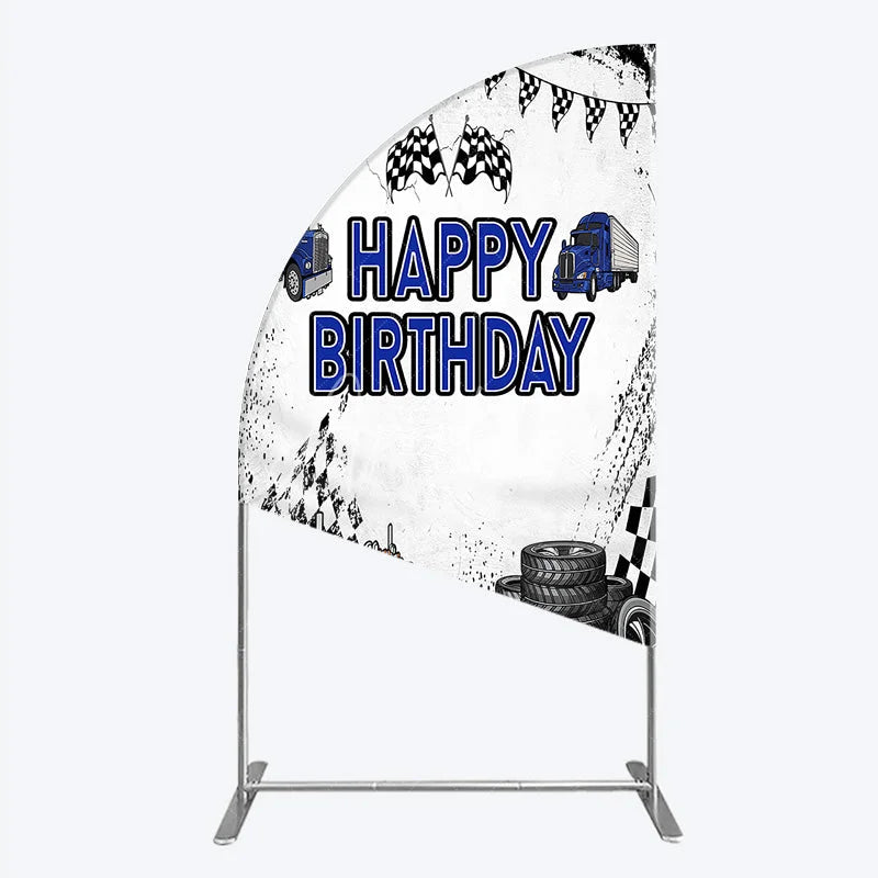 Aperturee - Aperturee Blue Semi Truck Happy Birthday Half Moon Arch Backdrop Checkered Flag Transportation