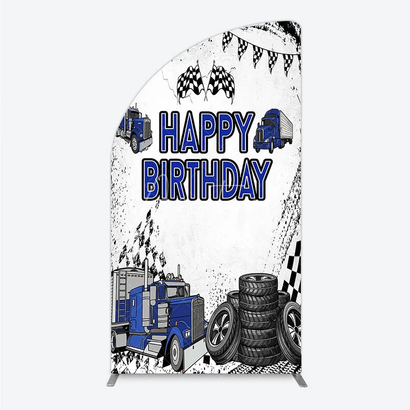 Aperturee - Aperturee Blue Semi Truck Happy Birthday Half Moon Arch Backdrop Checkered Flag Transportation