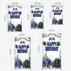 Aperturee - Aperturee Blue Semi Truck Happy Birthday Rectangle Backdrop Checkered Flag Transportation