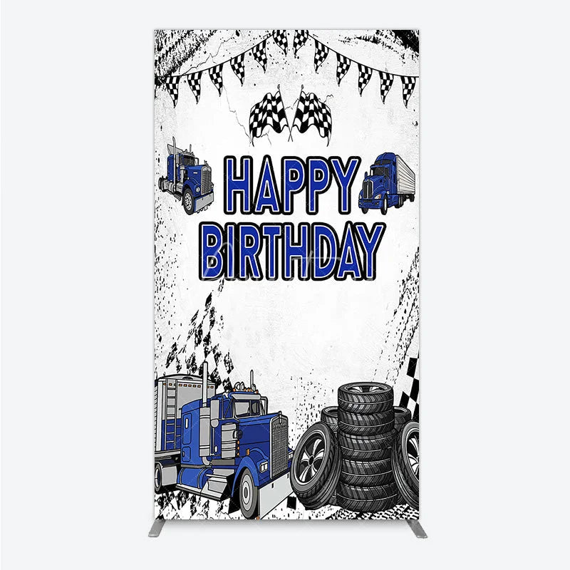 Aperturee - Aperturee Blue Semi Truck Happy Birthday Rectangle Backdrop Checkered Flag Transportation