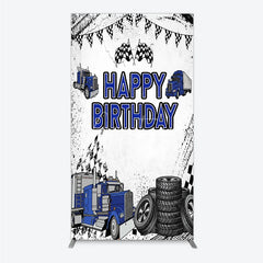 Aperturee - Aperturee Blue Semi Truck Happy Birthday Rectangle Backdrop Checkered Flag Transportation