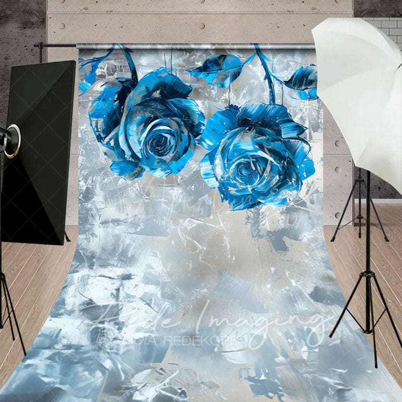 Aperturee - Aperturee Blue Silver Abstract Floral Fine Art Sweep Backdrop