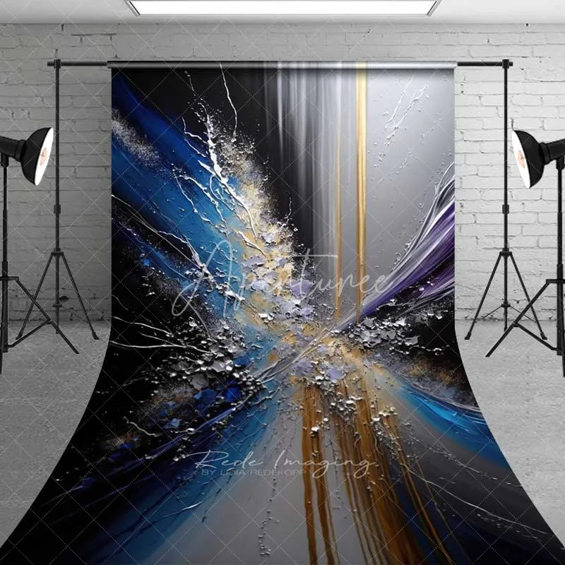Aperturee - Aperturee Blue Silver and Gold Abstract Splashing Art Backdrop Dynamic Textured Foil Photography Background