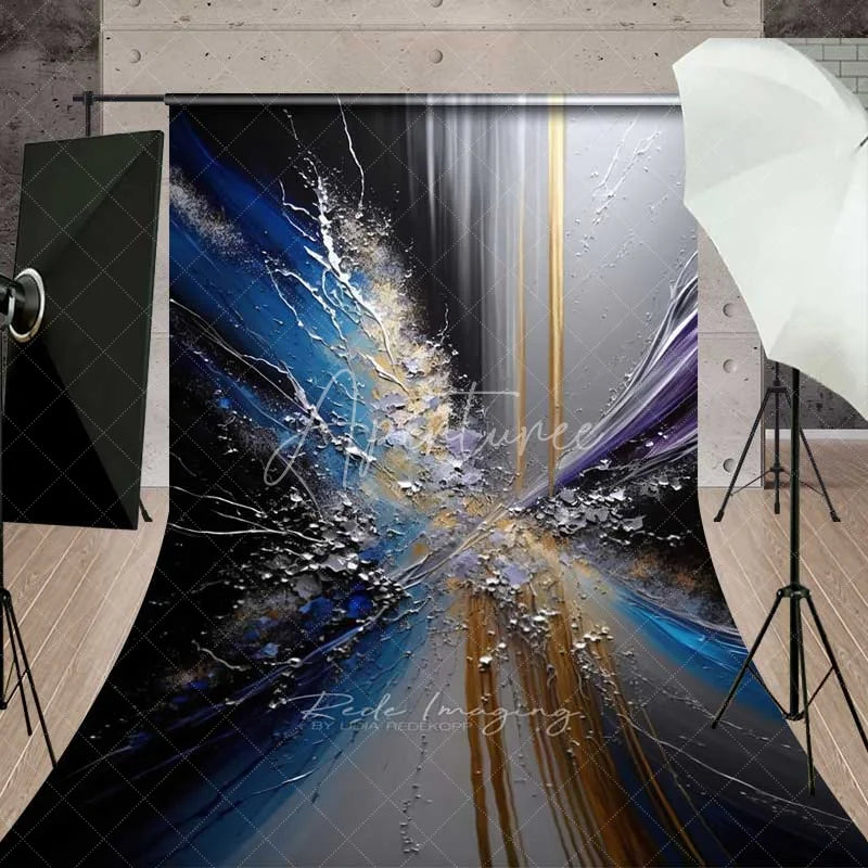 Aperturee - Aperturee Blue Silver and Gold Abstract Splashing Art Backdrop Dynamic Textured Foil Photography Background