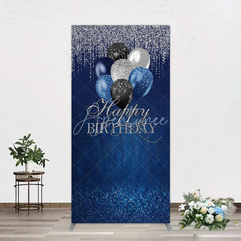 Aperturee - Aperturee Blue Silver Happy Birthday Rectangle Backdrop Balloon Glitter Rain Party Decor
