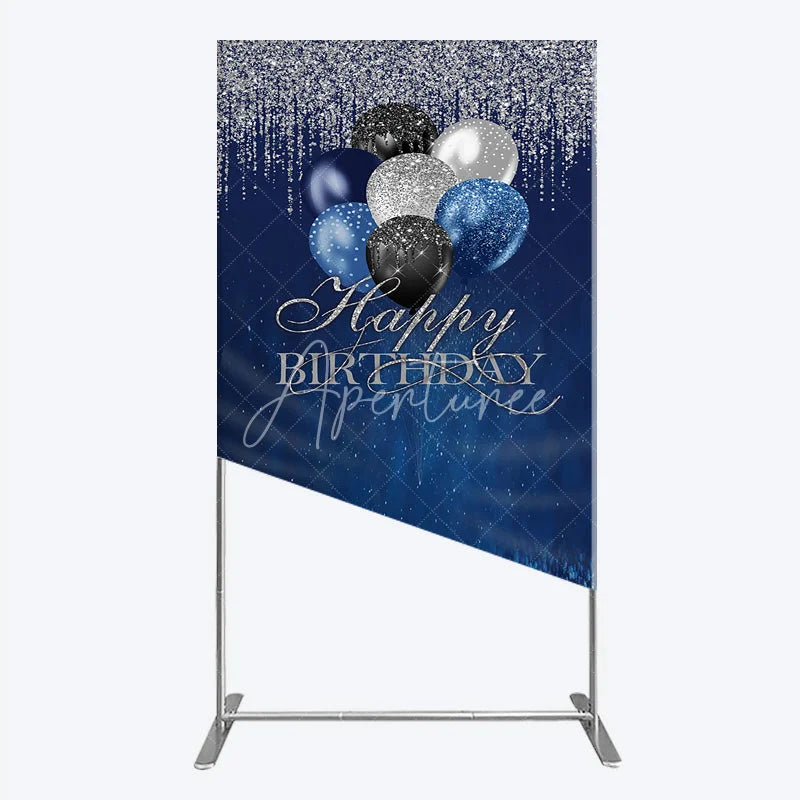 Aperturee - Aperturee Blue Silver Happy Birthday Rectangle Backdrop Balloon Glitter Rain Party Decor