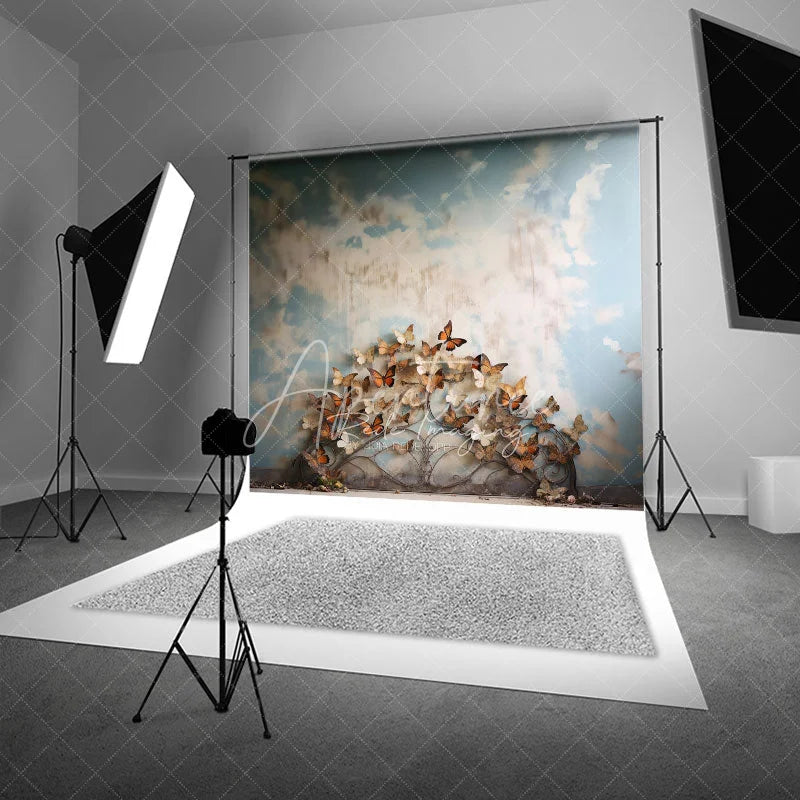 Aperturee - Aperturee Blue Sky and Butterfly Headboard Backdrop Monarch Butterfly Garden Photography Background