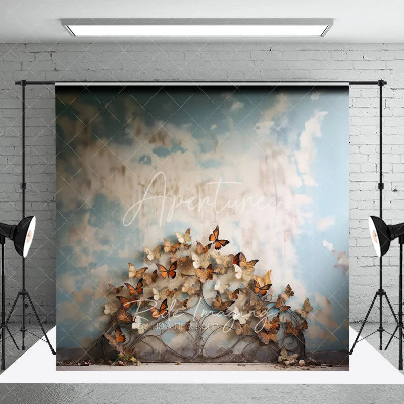 Aperturee - Aperturee Blue Sky and Butterfly Headboard Backdrop Monarch Butterfly Garden Photography Background