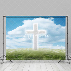 Aperturee - Aperturee Blue Sky Cloud Grass White Cross Easter Backdrop
