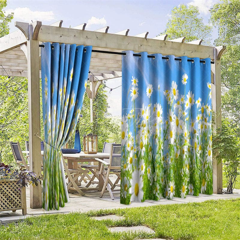 Aperturee - Aperturee Blue Sky Daisy Waterproof Printed Outdoor Curtains