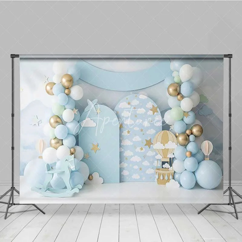 Aperturee - Aperturee Blue Sky Hot Air Balloon Backdrop Gold Stars Clouds Rocking Horse Photography Background Baby Shower Decoration