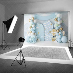 Aperturee - Aperturee Blue Sky Hot Air Balloon Backdrop Gold Stars Clouds Rocking Horse Photography Background Baby Shower Decoration