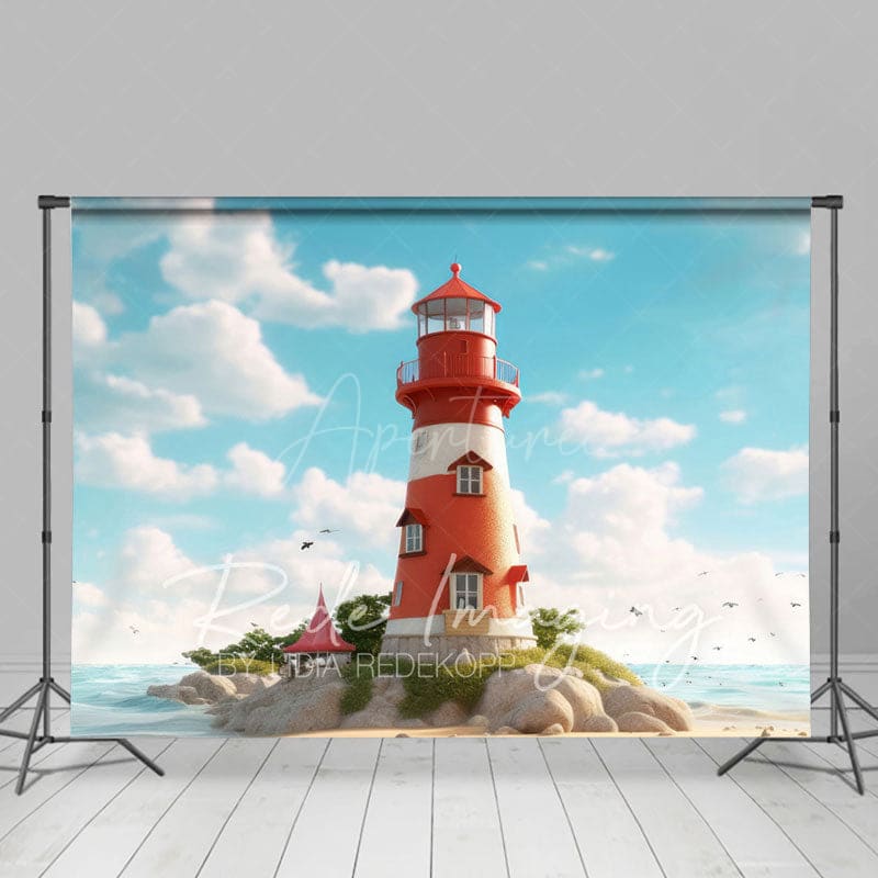 Aperturee - Aperturee Blue Sky Seaside Reef Lighthouse Photo Backdrop