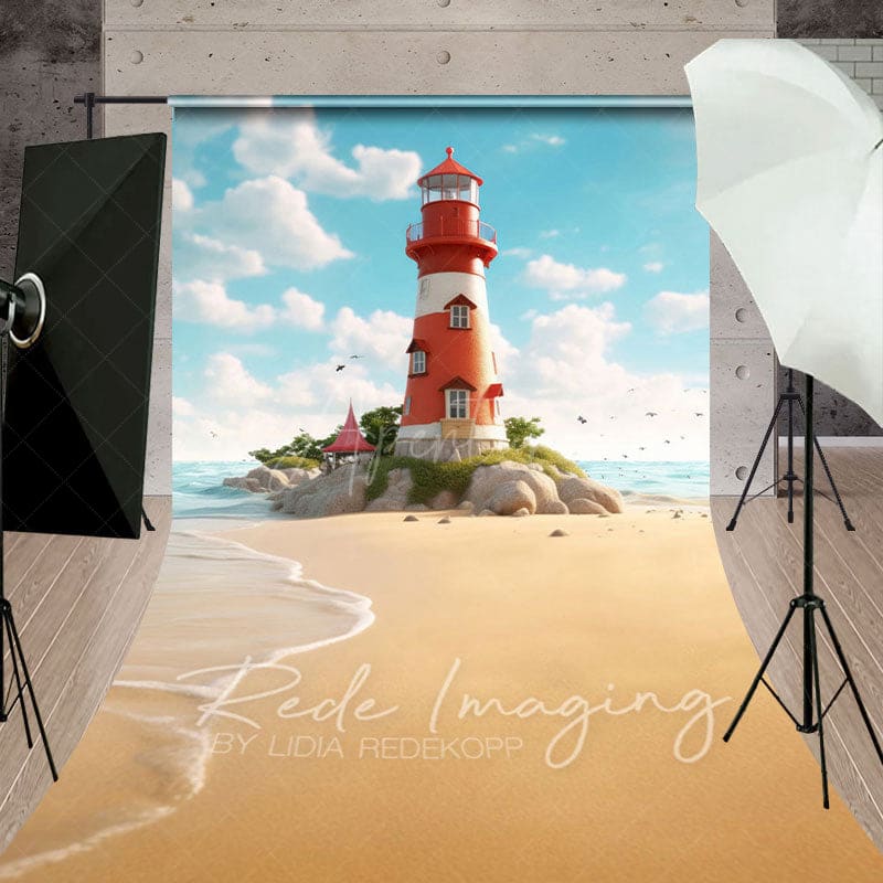 Aperturee - Aperturee Blue Sky Seaside Reef Lighthouse Sweep Backdrop