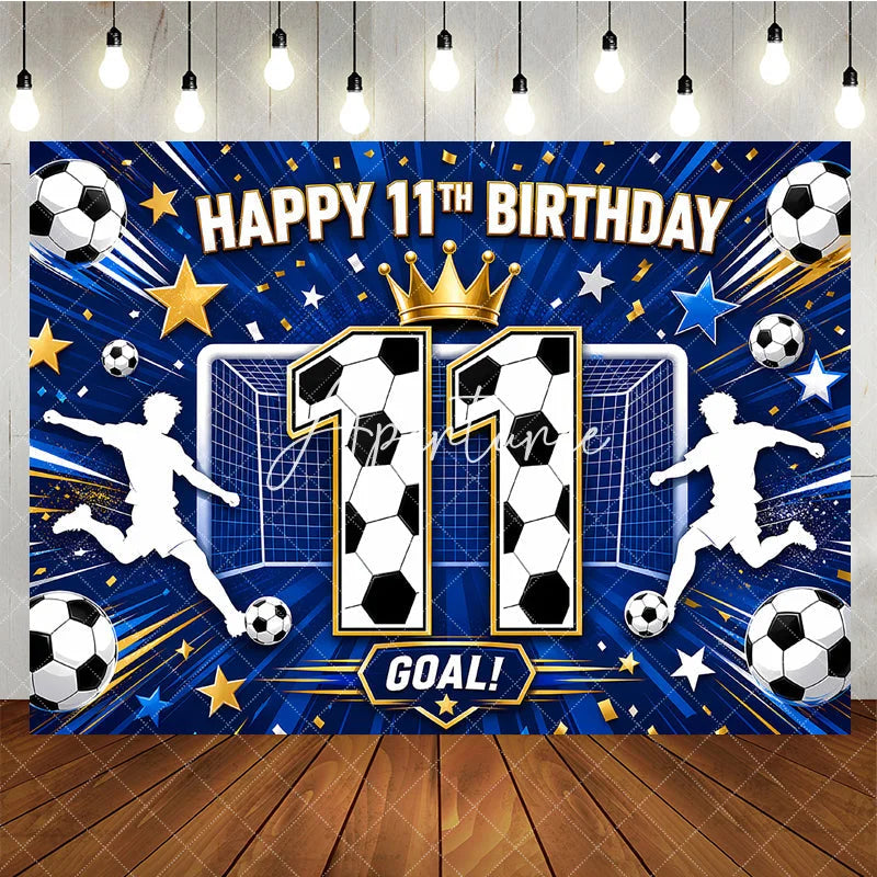 Aperturee - Aperturee Blue Soccer Happy 11th Birthday Backdrop Boys Sports Theme Goal Net and Player Silhouette Party Decor