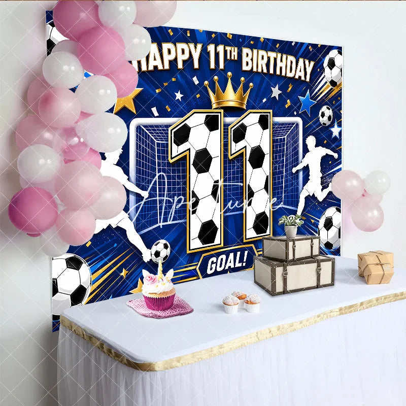 Aperturee - Aperturee Blue Soccer Happy 11th Birthday Backdrop Boys Sports Theme Goal Net and Player Silhouette Party Decor