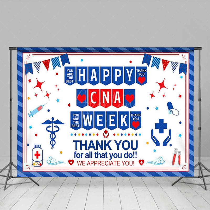 Aperturee - Aperturee Blue Stripe Happy CNA Week Thank You Party Backdrop