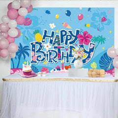 Aperturee - Aperturee Blue Tropical Happy Birthday Backdrop with Palm Trees Pineapple Cake and Balloons for Party Decor