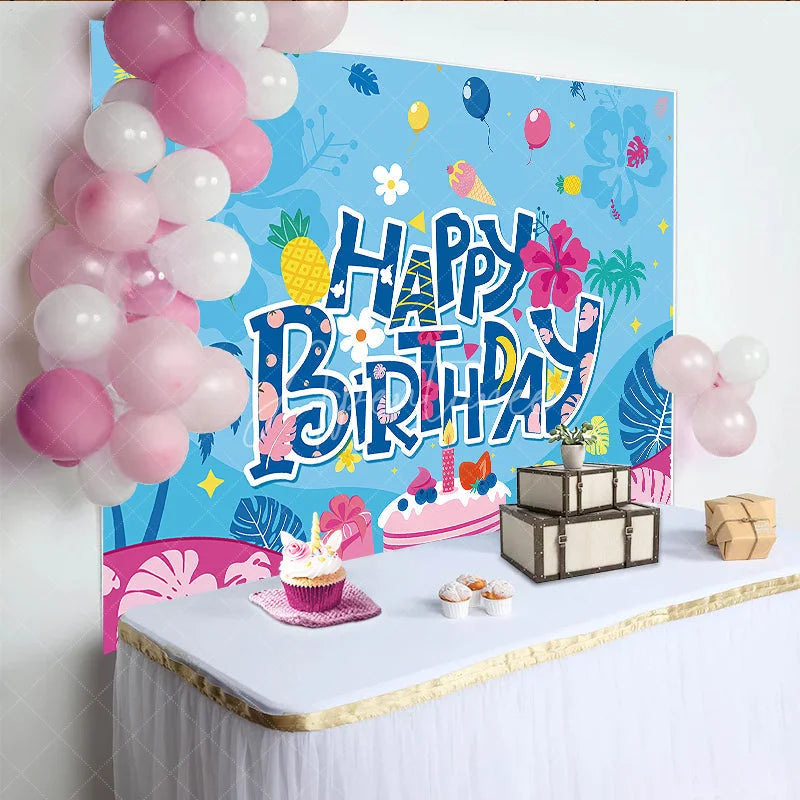 Aperturee - Aperturee Blue Tropical Happy Birthday Backdrop with Palm Trees Pineapple Cake and Balloons for Party Decor