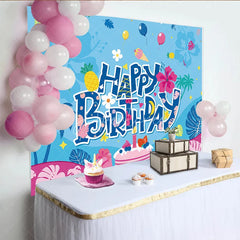 Aperturee - Aperturee Blue Tropical Happy Birthday Backdrop with Palm Trees Pineapple Cake and Balloons for Party Decor