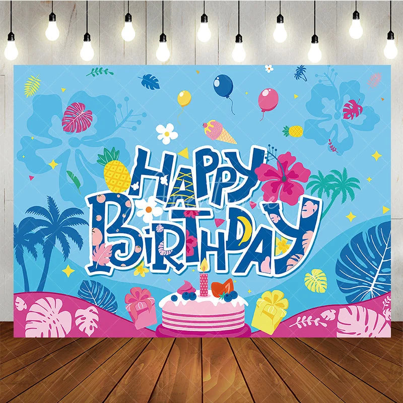 Aperturee - Aperturee Blue Tropical Happy Birthday Backdrop with Palm Trees Pineapple Cake and Balloons for Party Decor