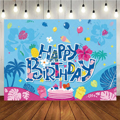 Aperturee - Aperturee Blue Tropical Happy Birthday Backdrop with Palm Trees Pineapple Cake and Balloons for Party Decor